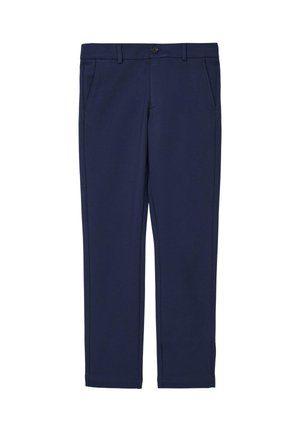 Marineblauwe slim-fit broek met knoop- en ritssluiting, zijzakken en riemlussen, plat gelegd op een witte achtergrond.