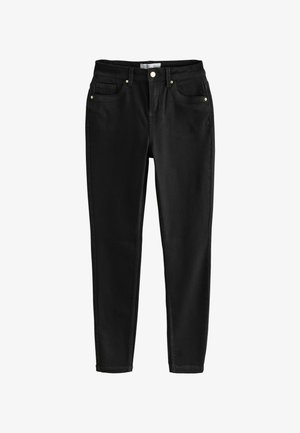 Jean en denim noir avec une coupe slim. Ses caractéristiques comprennent une taille mi-haute, des poches avant et des accessoires en métal doré. Tissu doux et texturé.