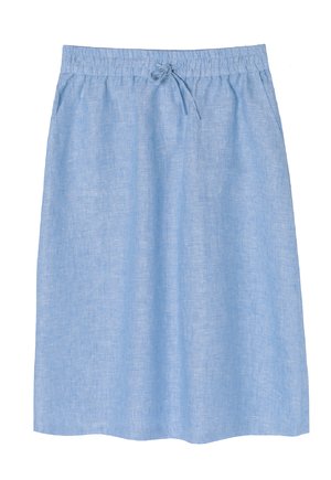 Gonna azzurro chiaro, lunga fino al ginocchio, con una vita elastica e cordoncino, realizzata in tessuto testurizzato. Presenta tasche laterali per praticità.