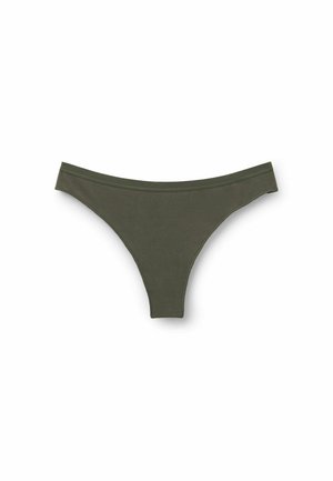 Olijfgroene stringonderbroek van een gladde, rekbare stof. Eenvoudig ontwerp met een lage tailleband en minimale bedekking.