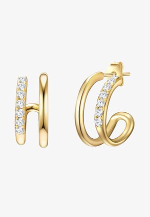 Auksinės auskarų žiedai su banguotu dizainu, vienoje pusėje papuošti skaidriais akmenimis. Glotnus paviršius su blizgiu apdailos, suteikiantis elegantišką išvaizdą.