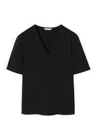 Schwarzes V-Ausschnitt-T-Shirt mit kurzen Ärmeln, aus glattem Stoff. Einfaches Design ohne Muster oder Verzierungen. Saubere, moderne Silhouette.