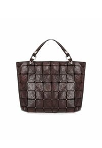 Borsa a tracolla in pelle marrone con texture intrecciata, motivi squadrati e due manici corti con dettagli metallici nei punti di attacco.