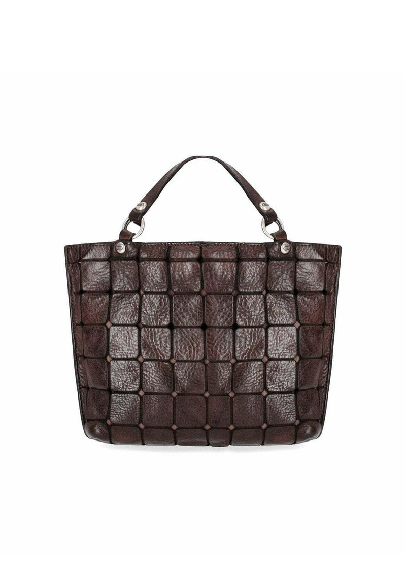 Borsa a tracolla in pelle marrone con texture intrecciata, motivi squadrati e due manici corti con dettagli metallici nei punti di attacco.