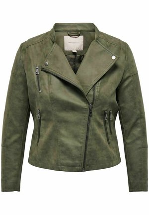 Veste de biker en simili cuir vert olive avec une fermeture éclair asymétrique, plusieurs poches zippées et une coupe structurée au toucher lisse.