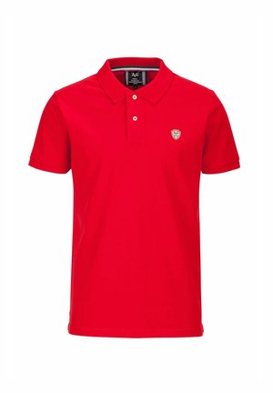 Rode polo-shirt van katoen met een klassieke kraag, knoopsluiting met twee knopen, korte mouwen en een klein logo met gouden accenten op de borst.