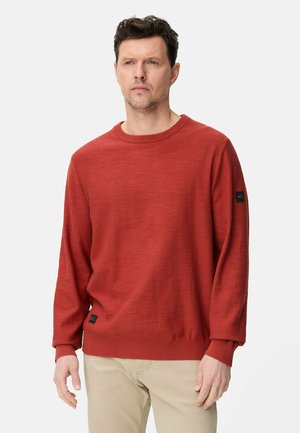 Man draagt een roestkleurige trui met lange mouwen en beige broek, staand tegen een eenvoudige lichte achtergrond.