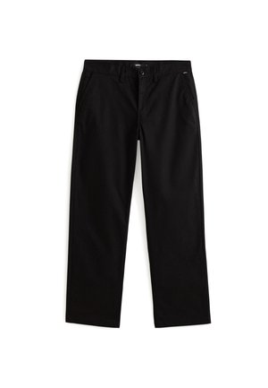 Schwarze Baumwollhose mit geradem Bein, ausgestattet mit Vordertaschen, Gürtelschlaufen und einem Knopfverschluss. Glatte Textur, minimale Details.