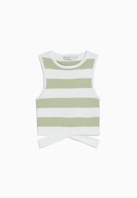 Hihaton ribbattu crop-top, jossa on vaakasuuntaiset vaaleanvihreät ja valkoiset raidat sekä etuosan solmityksellinen yksityiskohta helmassa.