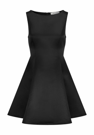 Schwarzes, ärmelloses Kleid mit taillierter Oberseite und ausgestellt Rock. Glatte Textur und runder Ausschnitt. Reißverschlussverschluss hinten.