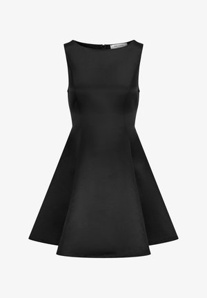 Schwarzes, ärmelloses Kleid mit taillierter Oberseite und ausgestellt Rock. Glatte Textur und runder Ausschnitt. Reißverschlussverschluss hinten.