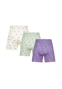 Trois paires de boxers : crème avec des motifs bleus, vert clair avec des motifs foncés, et violet avec des motifs corail, tous dotés de ceintures élastiques.