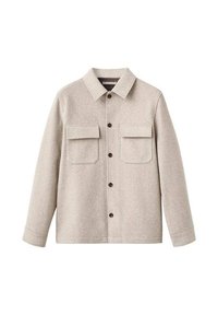 Beige wollen overhemdjas met een kraag, twee borstzakken en bruine knopen. Rechte mouwen en een zachte textuur.