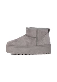 Botas de tobillo de ante gris con punta redondeada, detalles de costura y una suela de plataforma gruesa con un patrón en forma de ola.