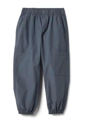 Pantalones cargo de color gris oscuro hechos de material ligero, con cintura elástica, bolsillos laterales y dos grandes bolsillos cargo.