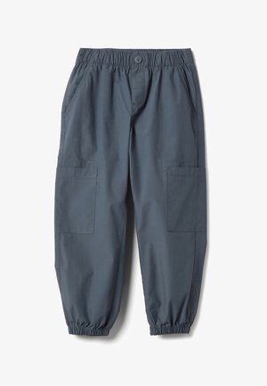 Pantalones cargo de color gris oscuro hechos de material ligero, con cintura elástica, bolsillos laterales y dos grandes bolsillos cargo.