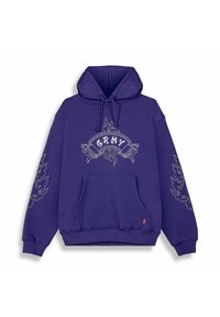 Fioletowa bluza z kapturem z przednią kieszenią, regulowanym kapturem i dekoracyjnymi motywami płomieni z napisem "GRMY" na środku oraz na rękawach.