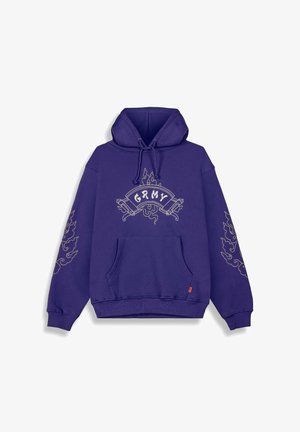 Hoodie violet avec une poche avant, capuche à cordon et motifs de flammes décoratifs avec le texte "GRMY" au centre et sur les manches.