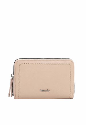 Pink Lederbrieftasche mit genähter Verzierung, Reißverschluss und kleinem Anhänger. Das Design ist rechteckig mit einer strukturierten Oberfläche und silberner Hardware.