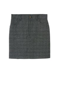 Gonna mini a quadrati grigi con un design aderente, dotata di tasche frontali, chiusura con bottone e una texture di tessuto liscia.