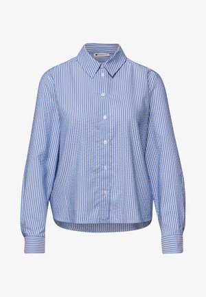 Blå og hvide lodrette stribede langærmet skjorte med knapper, krave og knappede manchetter.