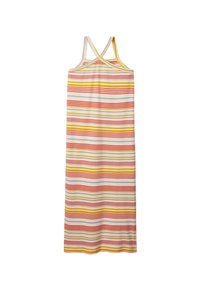 Robe sans manches à rayures avec un design croisé dans le dos. Présente des rayures verticales et horizontales rouges, jaunes et violettes sur un fond blanc.