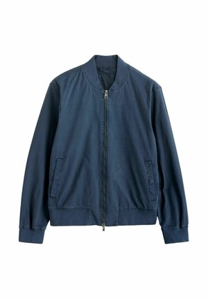 Navy blue bomber jacket in lightweight fabric, features a zip front, round neckline, side pockets, and elastic cuffs with a smooth texture.