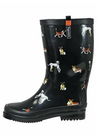 Black waterproof rubber boot featuring various dog patterns in white, brown, and orange. Textured black trim and a grip sole.