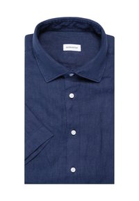 Camicia in lino blu navy con colletto classico, dotata di bottoni bianchi frontali e maniche corte. Texture liscia e design minimalista.