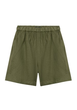 Olijfgroene knielange shorts met elastische tailleband en zijzakken, gemaakt van lichtgewicht stof.