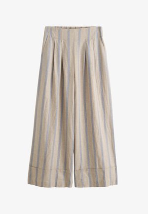 Beige Leinenhose mit weitem Bein und hellblauen vertikalen Streifen, mit plissiertem Vorderteil und gekürztem Saum.