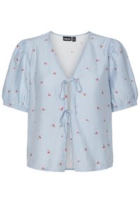 Blue and white striped blouse with short puff sleeves, a deep V-neck, tie closure at the front, and red floral accents throughout.