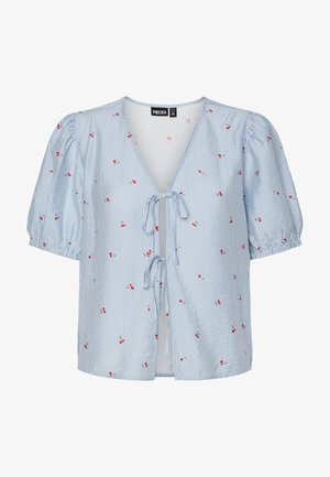 Blue and white striped blouse with short puff sleeves, a deep V-neck, tie closure at the front, and red floral accents throughout.