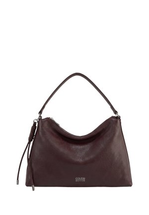 Borsa a mano in pelle marrone scuro con manico superiore curvo, chiusura con cerniera e nappina decorativa sul lato, etichettata Coveri Active.