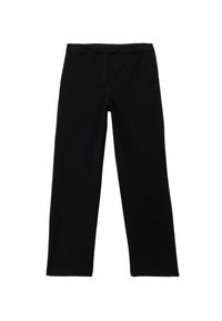 Svarta vida byxor i lätt vikt, med platt front, sidfickor och en mjuk struktur. Inga synliga mönster eller detaljer.