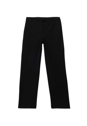 Pantalones de pierna ancha negros, hechos de tejido ligero, con frente plano, bolsillos laterales y una textura suave. Sin patrones ni acentos visibles.