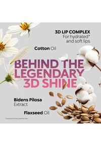 Weiße Blumen, Baumwollkapseln und Leinsamen umgeben den Text, der den 3D Lip Complex mit Baumwollöl, Bidens Pilosa Extrakt und Leinöl für hydratisierte Lippen bewirbt.