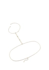 Collana a più strati in tonalità dorata con delicate catene, molteplici anelli e piccoli accenti in turchese. Chiusura regolabile per una vestibilità perfetta.