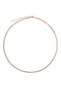 Roze gouden metalen choker-halsketting met meerdere slanke strengen en een sluiting. Heeft een verstelbare verlengkette voor maatvoering.