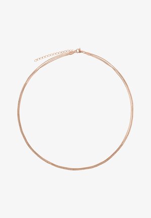 Halskette aus roségoldfarbenem Metall, mit mehreren schlanken Strängen und einem Verschluss. Verfügt über eine verstellbare Verlängerungskette zur Größenanpassung.