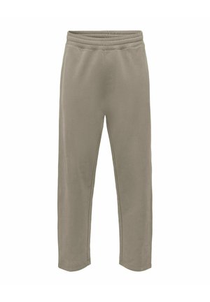 Jasnoszare spodnie dresowe wykonane z miękkiego materiału, z elastycznym pasem i zwężanymi nogawkami, bez kieszeni i charakterystycznych wzorów.