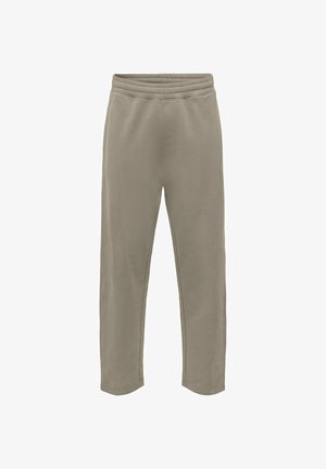 Lichtgrijze joggingbroek van zachte stof, met een elastische tailleband en taps toelopende pijpen, zonder zakken of opvallende patronen.