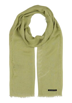 Light green rectangular scarf with subtle frayed edges and a small black "bugatti" label on one corner.