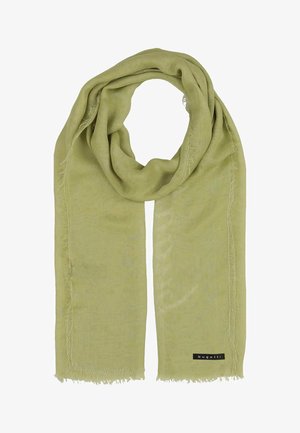 Light green rectangular scarf with subtle frayed edges and a small black "bugatti" label on one corner.