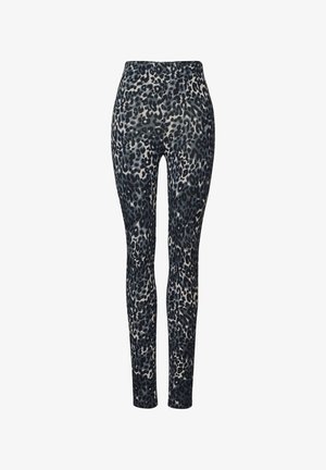 Schwarze und graue Leggings im Leopardenmuster mit hohem Taillenbund, aus einem glatten, dehnbaren Material gefertigt, mit tailliertem Design und nahtloser Verarbeitung.