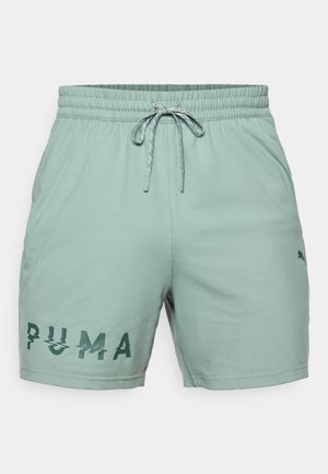 Mint green shorts with an elastic waistband and drawstring. Features a dark green embossed "PUMA" logo on the side and smooth texture.