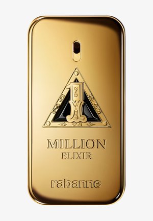 Goldene rechteckige Parfümflasche mit einem schwarz-goldenen dreieckigen Emblem, dem Text "1 Million Elixir" und dem "rabanne"-Logo auf der Vorderseite.