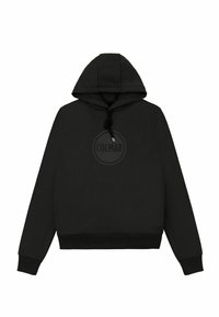 Felpa nera realizzata in tessuto morbido, con cappuccio regolabile tramite coulisse, polsi a coste e un logo circolare Colmar sul davanti. Design semplice e minimalista.