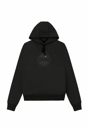 Felpa nera realizzata in tessuto morbido, con cappuccio regolabile tramite coulisse, polsi a coste e un logo circolare Colmar sul davanti. Design semplice e minimalista.