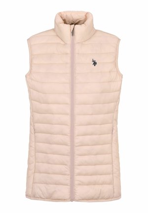 Padded vest w jasnoróżowym kolorze, z wysokim kołnierzem, pełnym zamkiem błyskawicznym i poziomymi przeszyciami. Posiada małe ciemne logo po lewej stronie.
